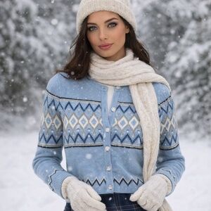 Fair Isle Sequin Sweater Jacket Medium Button Front Cotton Blend Cropped M